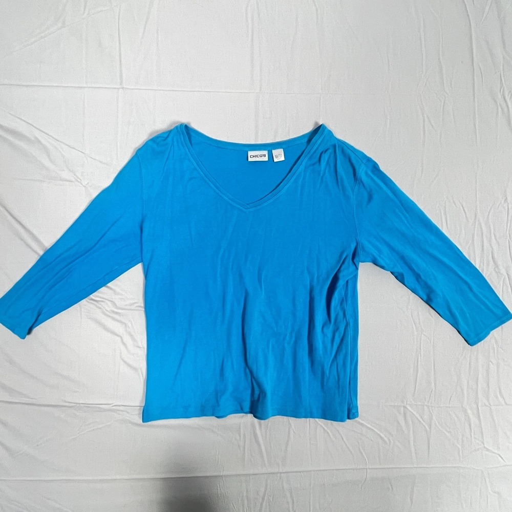 Chicos Top Womens 2 Blue‎ 100% Cotton Comfort Casual Wear Summer Vacation V Neck